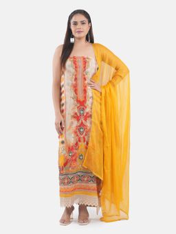 MOZAFIA - Women Yellow Fabric Floral Unstitched Kurta with Bottom and Dupatta (Set of 3)