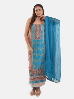 MOZAFIA - Women Blue Fabric Floral Unstitched Kurta with Bottom and Dupatta (Set of 3)