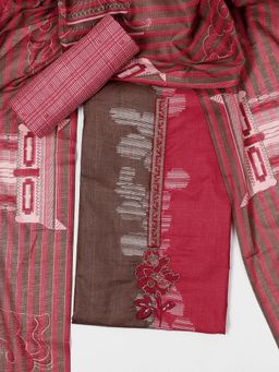 SALWAR STUDIO - Women Brown Cotton Stripes Unstitched Kurta with Bottom and Dupatta (Set of 3)