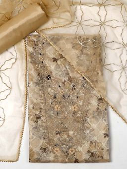 SALWAR STUDIO - Women Beige Chanderi Embroidered Unstitched Kurta with Bottom and Dupatta (Set of 3)