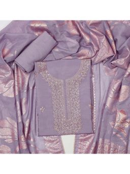 SALWAR STUDIO - Women Purple Silk Embroidered Unstitched Kurta with Bottom and Dupatta (Set of 3)