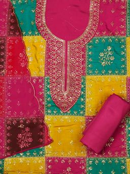 SALWAR STUDIO - Women Multi-Color Silk Embroidered Unstitched Kurta with Bottom and Dupatta (Set of 3)