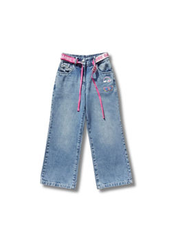 TINY GIRL - Cotton Solid Brand Name Text Patch Jeans & Belt-Blue