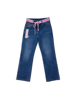 TINY GIRL - Cotton Solid Brand Name Text Detailed Jeans & Belt- Navy Blue