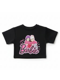 TINY GIRL - Knit Half Sleeves Brand Name Text Printed Top- Black