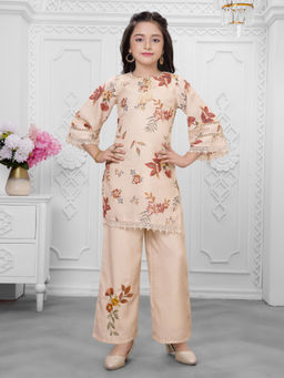 Mini Stitch - Three Fourth Sleeves Cotton Floral Printed Kurti & Pant-Cream