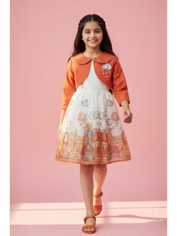 TINY GIRL - Sleeveless Printed Frock With Applique Detailed Jacket- Rust
