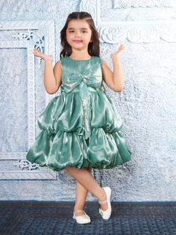 Mini Stitch - Sleeveless Sequence Bow Attached Tiered Bubble Dress-Green