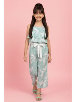 TINY GIRL - Woven Sleeveless Leaf Printed Jumpsuit- Sea Green