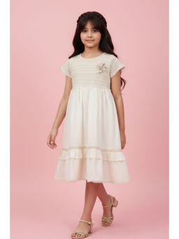 TINY GIRL - Cotton Half Sleeves Textured Detailed Dress- Cream