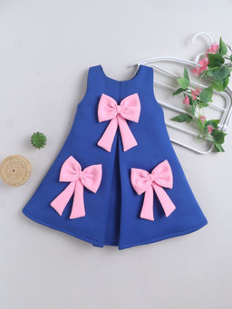 Mini Stitch - Sleevless Contrast Bow Applique Solid Midi-Blue