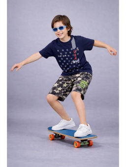 PLUM TREE - Cotton Printed T-Shirt & Shorts-Navy Blue