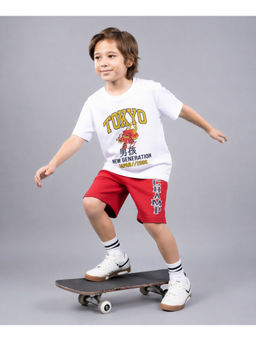 PLUM TREE - Cotton Printed T-Shirt & Printed Shorts-White