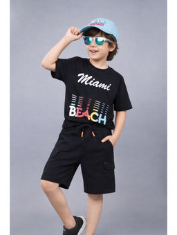 PLUM TREE - Cotton Typography T-Shirt & Shorts-Black