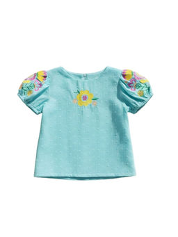 TINY GIRL - Cotton Woven Puff Sleeves Embroidered Detailed Top- Teal