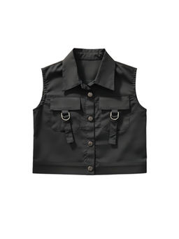 TINY GIRL - Woven Sleeveless Solid Pocket Shirt- Black