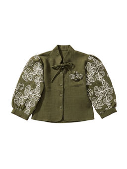 TINY GIRL - Woven Full Sleeves Embroidery Shirt- Olive