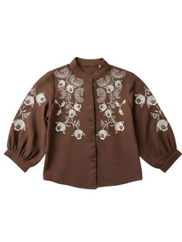 TINY GIRL - Woven Full Sleeves Embroidery Detailed Shirt- Brown