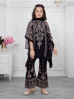 Mini Stitch - Flared Sleeves Embroidered Palazzo Kurta With Dupatta & Top-Black