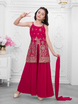 Mini Stitch - Sleeveless Georgette Embriodered Palazzo Kurta With Dupatta-Pink