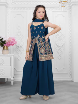 Mini Stitch - Sleeveless Georgette Embriodered Palazzo Kurta With Dupatta-Teal