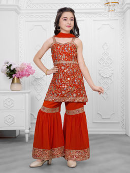 Mini Stitch - Sleeveless Georgette Embriodered Sharara Kurta With Dupatta - Rust