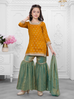 Mini Stitch - Cotton Silk Foil Printed Sharara Kurta With Dupatta - Mustard