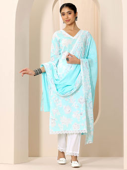 Libas - Blue Floral Printed Straight Kurta and Pant with Dupatta (Set of 3)