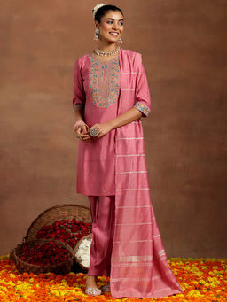 Gerua By Libas - Pink Silk Blend Yoke Design Kurta and Tulip Pant with Dupatta (Set of 3)