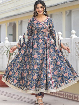 Autumnlane - Ishika Navy Premium Cotton Angrakha Kurta with Pant & Dupatta (Set of 3)