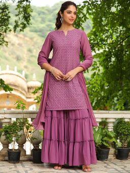 Janasya - Lavender Georgette Embroidered Straight Kurta with Sharara & Dupatta (Set of 3)