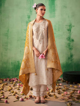 Janasya - Cream Tissue Silk Jacquard Handwork Straight Kurta with Pant & Dupatta (Set of 3)