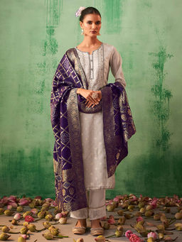 Janasya - Grey Tissue Silk Jacquard Handwork Straight Kurta with Pant & Dupatta (Set of 3)