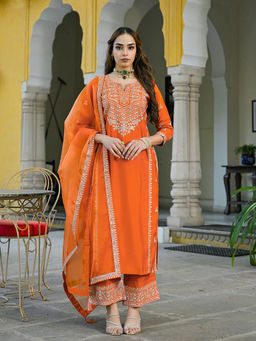 Vaamsi - Women Orange Silk Blend Embroidered Straight Kurta with Pant & Dupatta (Set of 3)