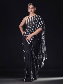 Beatitude - Black Cotton Silk Woven Jacquard Jamdani Saree with Unstitched Blouse