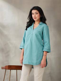 Fabindia - Blue Linen Blend Hand Embroidered Tunic