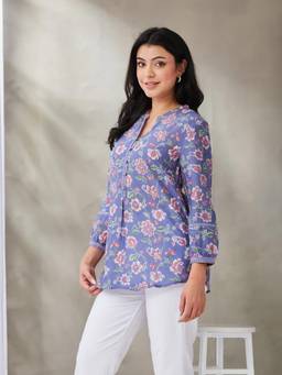 Fabindia - Blue Rayon Blend Hand Block Printed Tunic