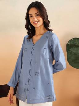Fabindia - Blue Cotton Silk Hand Embroidered Tunic