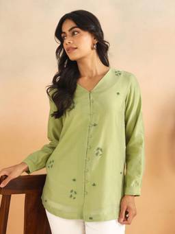 Fabindia - Green Cotton Silk Hand Embroidered Tunic