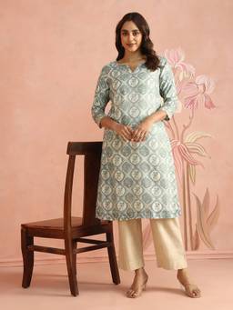 Fabindia - Turquoise Cotton Silk Hand Block Printed Long Kurta