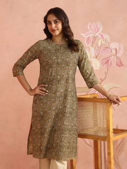 Fabindia - Olive Cotton Kalamkari Long Kurta