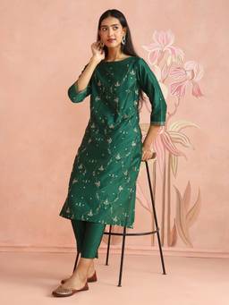 Fabindia - Green Cotton Silk Embroidered Slim Fit Long Kurta