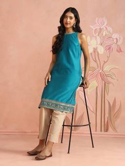 Fabindia - Teal Cotton Silk Embroidered Slim Fit Knee Length Kurta