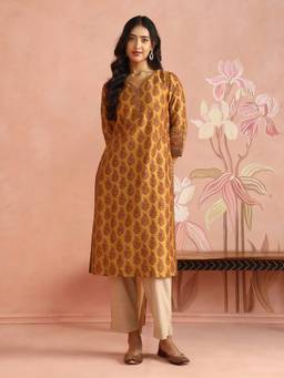 Fabindia - Yellow Cotton Silk Hand Block Printed Slim Fit Long Kurta