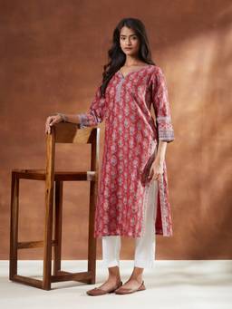 Fabindia - Maroon Cotton Silk Hand Block Printed Slim Fit Long Kurta