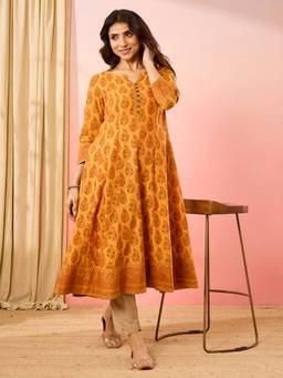 Fabindia - Mustard Cotton Hand Block Printed Long Kurta