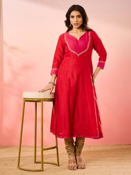 Fabindia - Red Cotton Silk Embroidered Slim Fit Long Kurta