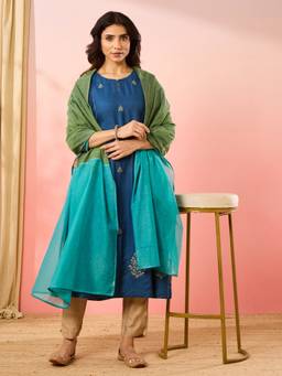 Fabindia - Blue Viscose Silk Embroidered Slim Fit Kurta with Dupatta