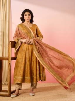 Fabindia - Mustard Cotton Silk Hand Block Printed Kurta with Dupatta