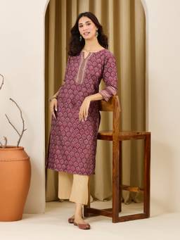 Fabindia - Wine Cotton Silk Hand Block Printed Long Kurta